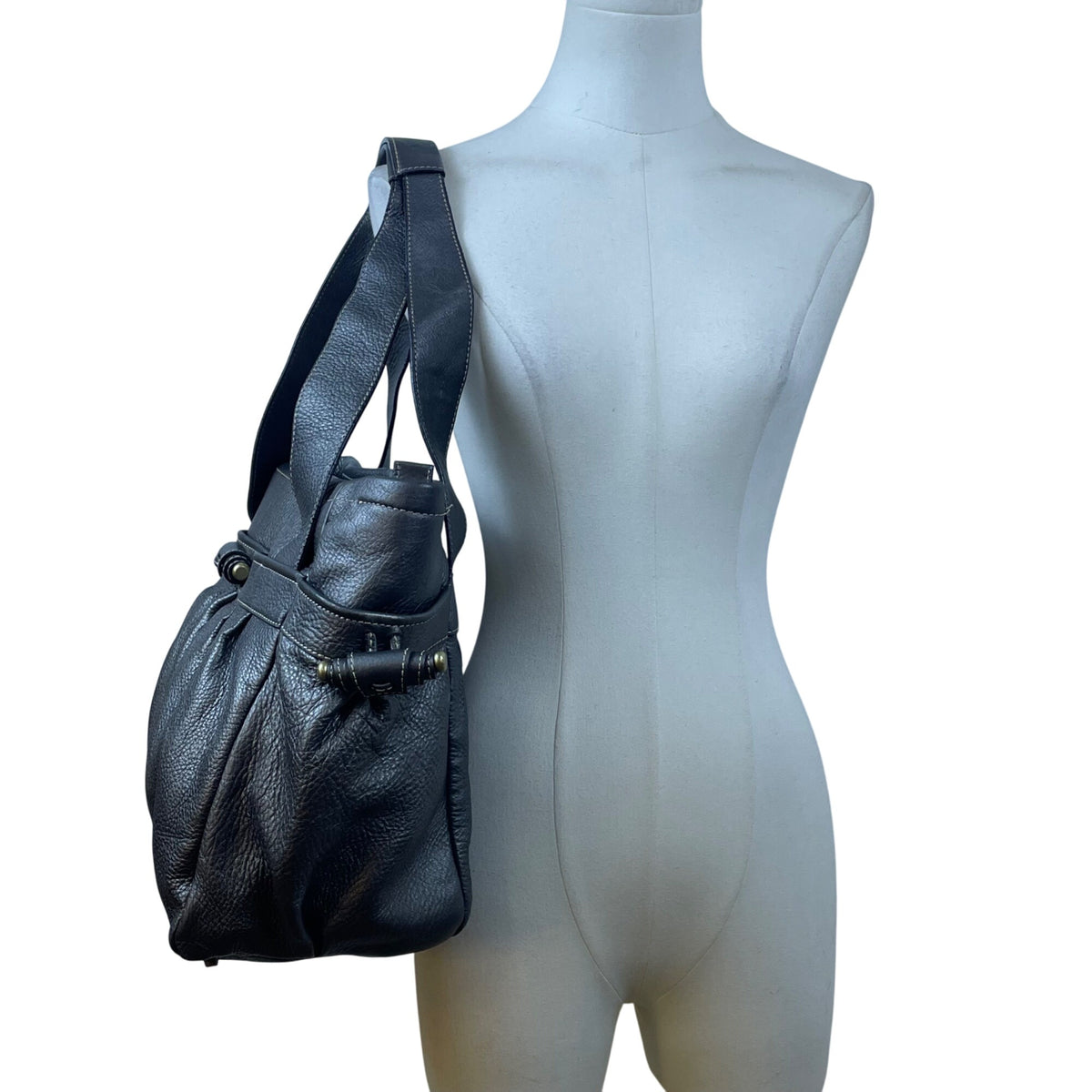 Perlina Women’s Dark Silver Leather Snap & Zip Closure Shoulder Satchel Bag