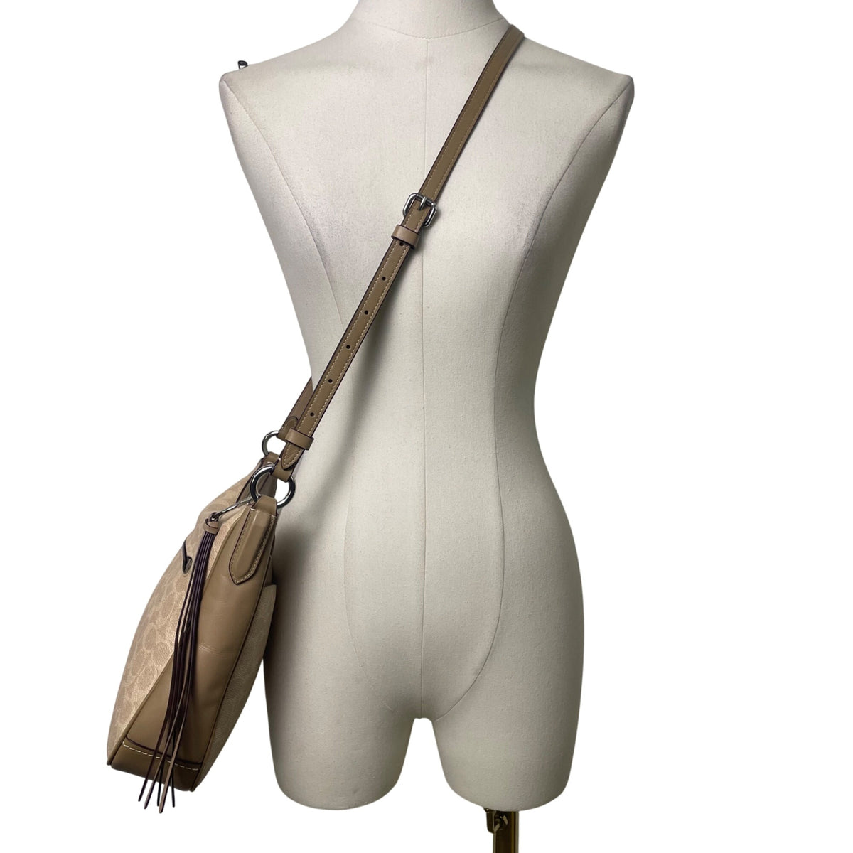 Coach Women’s Beige Monogram Leather Adjustable Strap Chaise Crossbody Bag