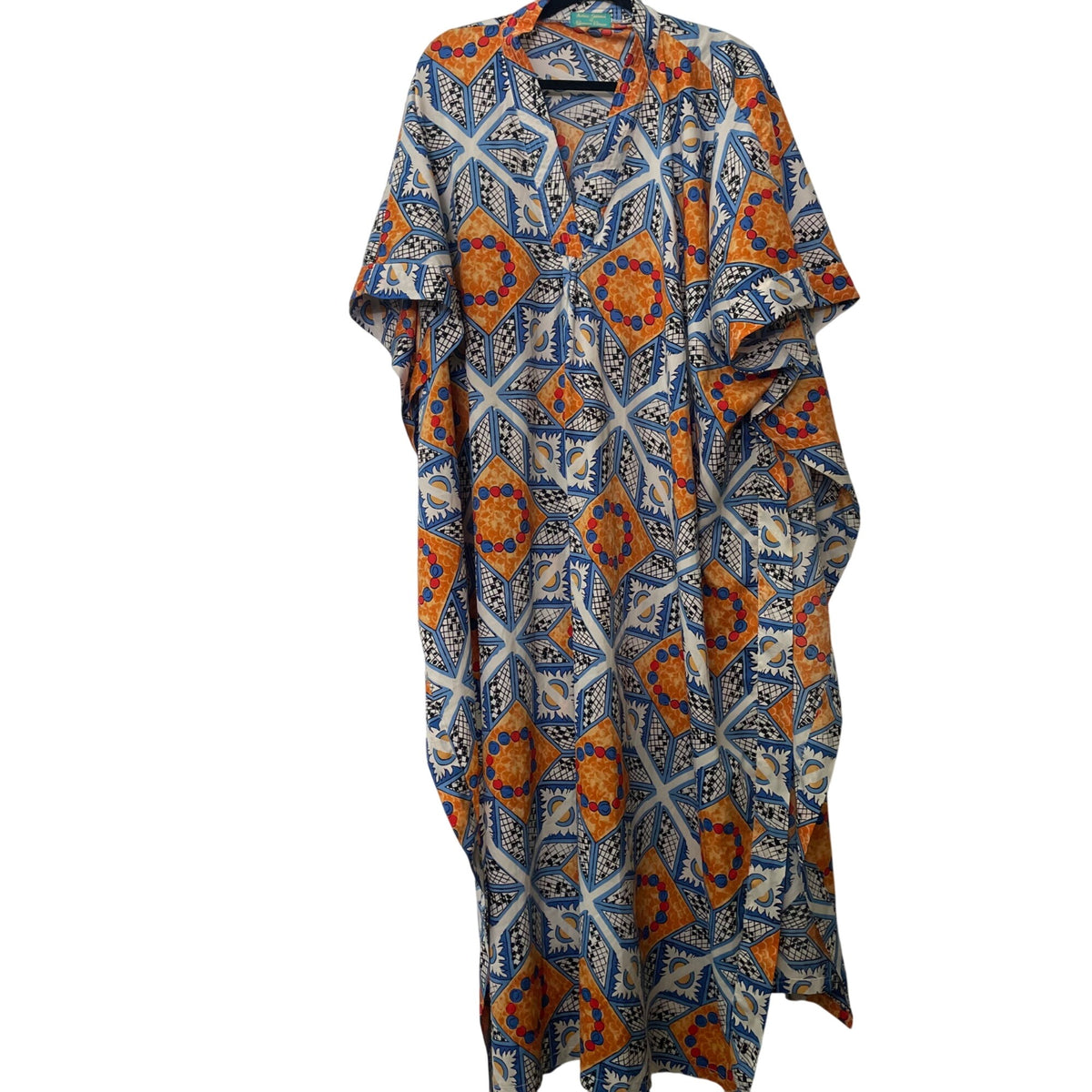 Antica Sartoria Womens Blue/Orange Cotton Geometric Print Caftan One Size Fits Most
