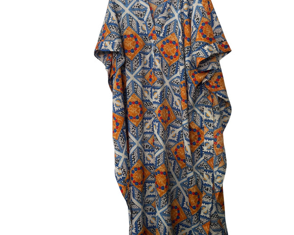 Antica Sartoria Womens Blue/Orange Cotton Geometric Print Caftan One Size Fits Most