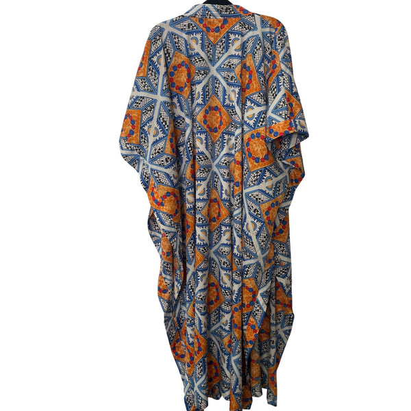 Antica Sartoria Womens Blue/Orange Cotton Geometric Print Caftan One Size Fits Most