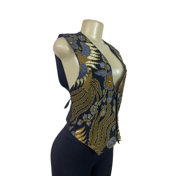 Vintage Batik Print Tie-Back Vest Top Womens  Black Gold Blue Size S