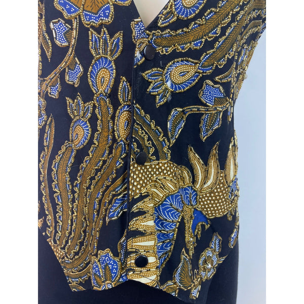Vintage Batik Print Tie-Back Vest Top Womens  Black Gold Blue Size S