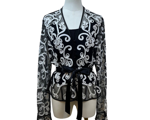 JS Collections Women's Black Embroidered Blouse With White Floral Design Sz 12