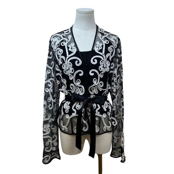 JS Collections Women's Black Embroidered Blouse With White Floral Design Sz 12