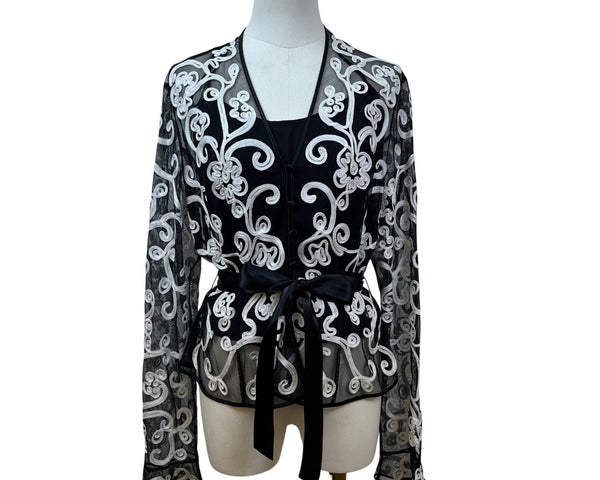 JS Collections Women's Black Embroidered Blouse With White Floral Design Sz 12