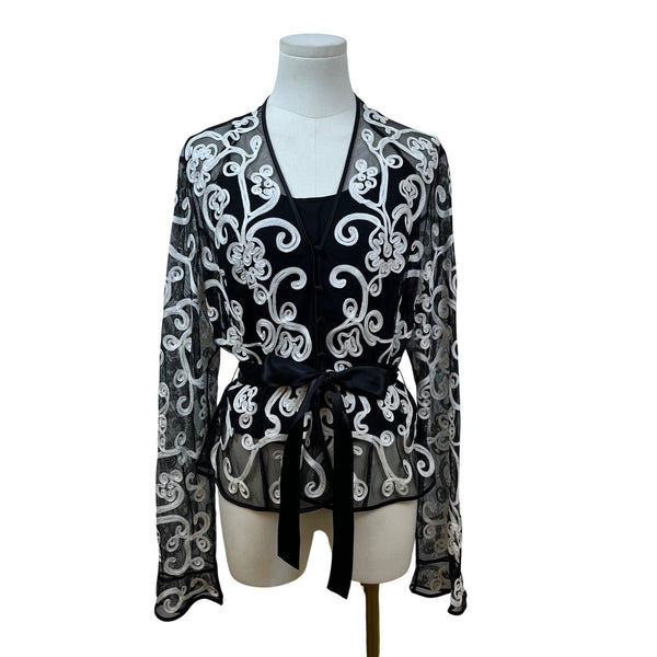 JS Collections Women's Black Embroidered Blouse With White Floral Design Sz 12