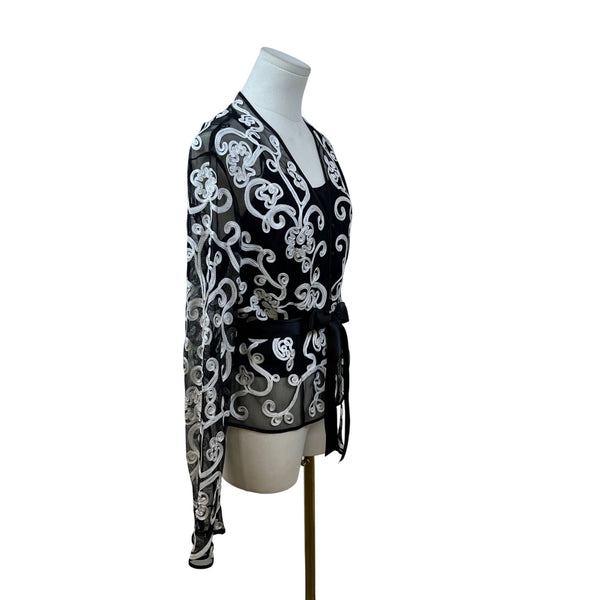 JS Collections Women's Black Embroidered Blouse With White Floral Design Sz 12