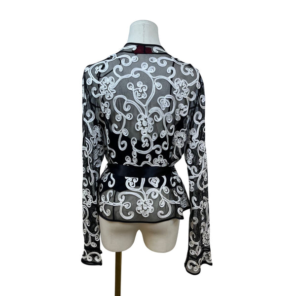 JS Collections Women's Black Embroidered Blouse With White Floral Design Sz 12