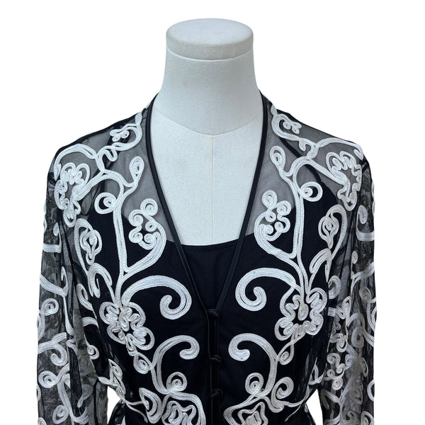 JS Collections Women's Black Embroidered Blouse With White Floral Design Sz 12
