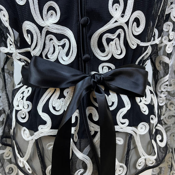 JS Collections Women's Black Embroidered Blouse With White Floral Design Sz 12