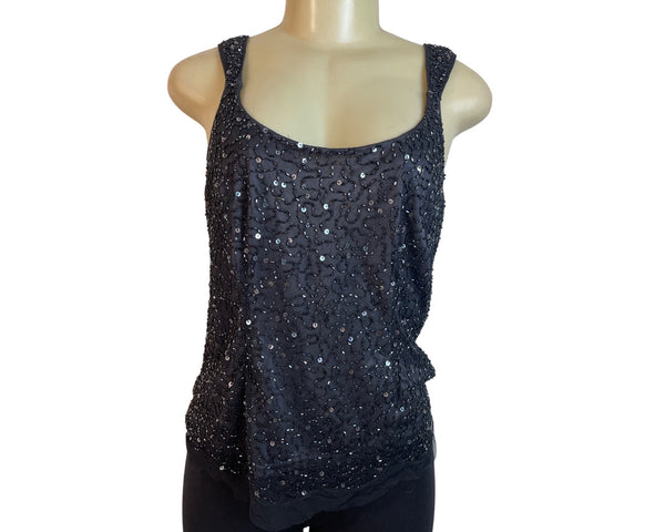 Black Sequined Sleeveless Tank Top With Scoop Neckline & Back Zip Closure