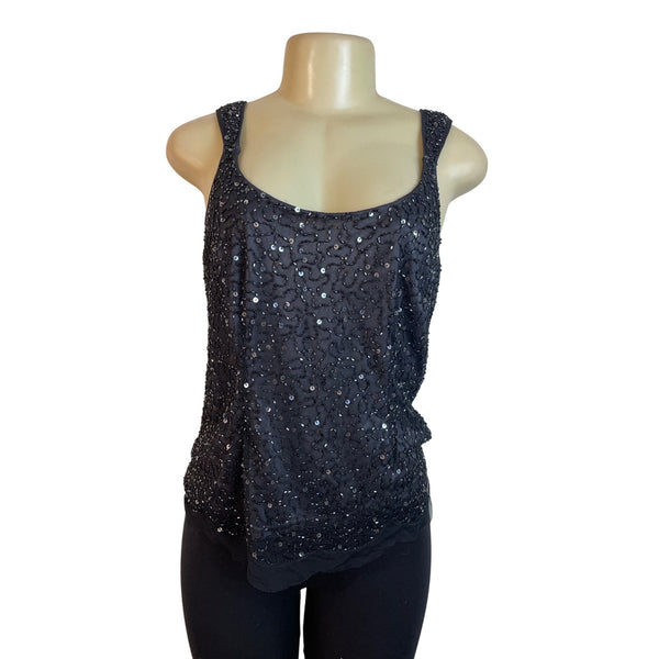 Black Sequined Sleeveless Tank Top With Scoop Neckline & Back Zip Closure