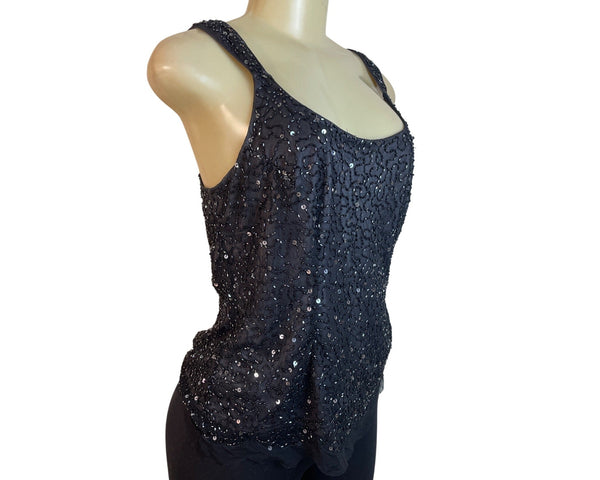 Black Sequined Sleeveless Tank Top With Scoop Neckline & Back Zip Closure