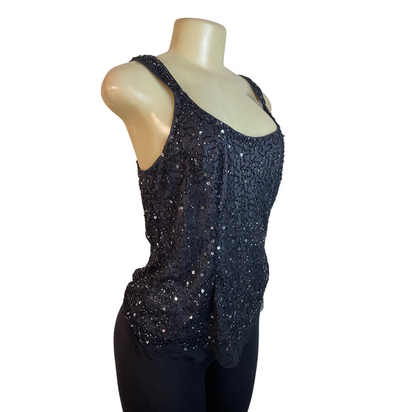 Black Sequined Sleeveless Tank Top With Scoop Neckline & Back Zip Closure