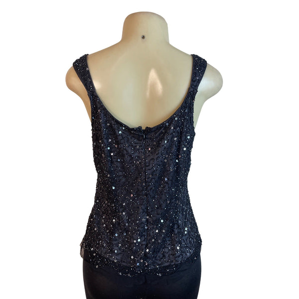 Black Sequined Sleeveless Tank Top With Scoop Neckline & Back Zip Closure