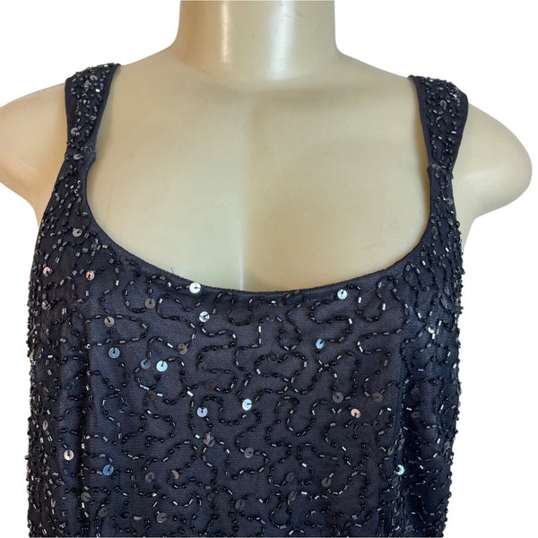 Black Sequined Sleeveless Tank Top With Scoop Neckline & Back Zip Closure