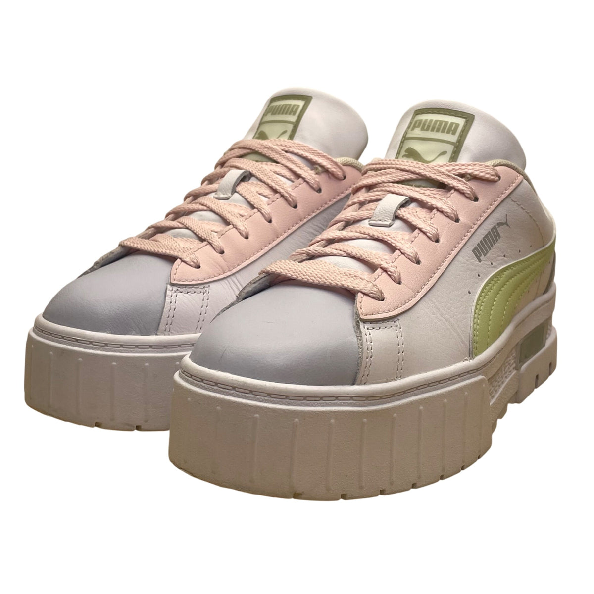 Puma Women’s White Green Pink Leather Lace Up Casual Platform Sneakers Size 8.5