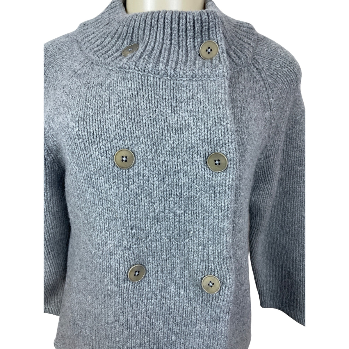 Talbots Women’s Gray Double-Breasted Knit Sweater Jacket Mock Neck Sz S - New