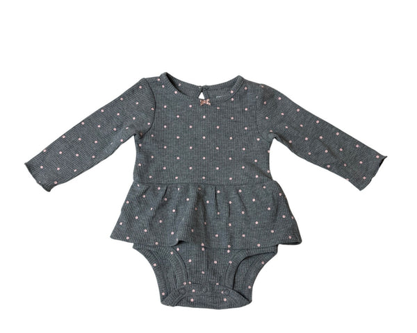 Carters Baby Girl 6M Long Sleeve Grey Bodysuit Pink Polka Dots - New