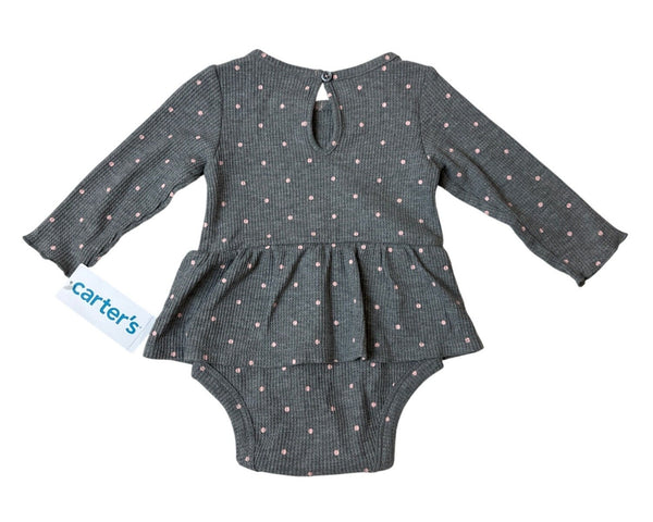 Carters Baby Girl 6M Long Sleeve Grey Bodysuit Pink Polka Dots - New