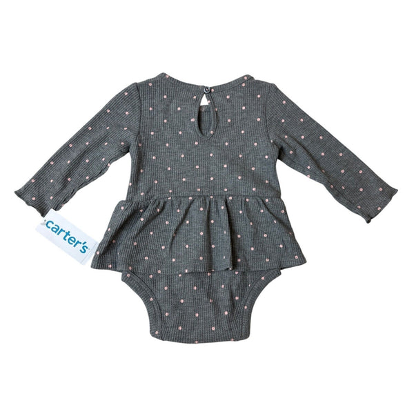 Carters Baby Girl 6M Long Sleeve Grey Bodysuit Pink Polka Dots - New