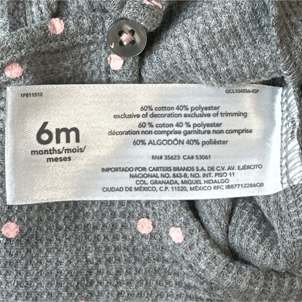 Carters Baby Girl 6M Long Sleeve Grey Bodysuit Pink Polka Dots - New