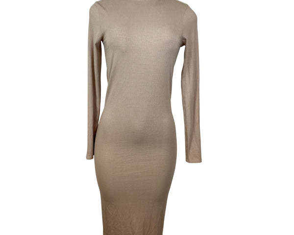 Enza Costa Womens Nude Ribbed Long-Sleeve Turtleneck Midi Dress Size S