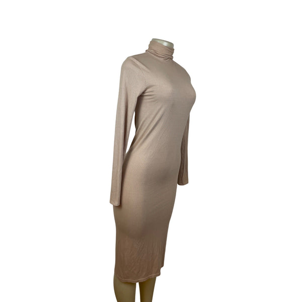 Enza Costa Womens Nude Ribbed Long-Sleeve Turtleneck Midi Dress Size S