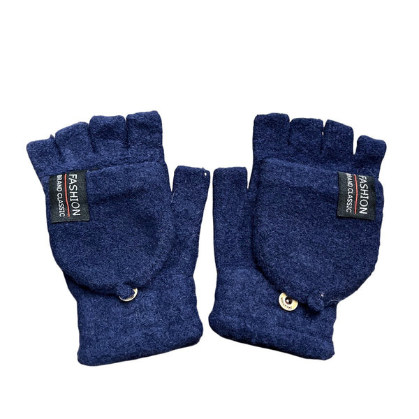 Fashion Unisex Navy Wool Convertible Gloves Fingerless & Mitten Flap Winter Warm