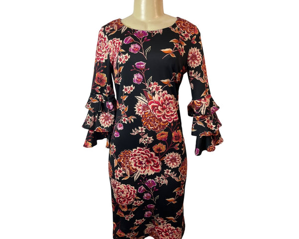 Shelby & Palmer Black Floral Print Knee Length Women's Dress Sz S