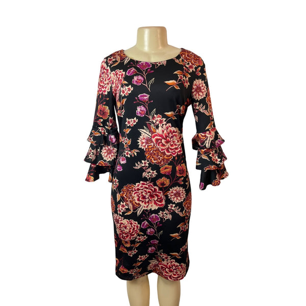 Shelby & Palmer Black Floral Print Knee Length Women's Dress Sz S