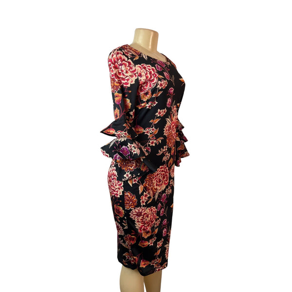 Shelby & Palmer Black Floral Print Knee Length Women's Dress Sz S