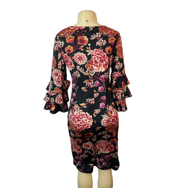 Shelby & Palmer Black Floral Print Knee Length Women's Dress Sz S