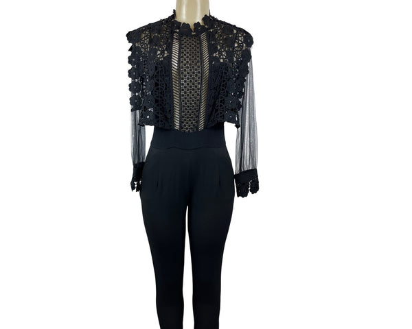 Womens Black Lace Zip Up Long Sleeve Jumpsuit Floral Mesh Top Design Sz M