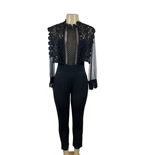 Womens Black Lace Zip Up Long Sleeve Jumpsuit Floral Mesh Top Design Sz M