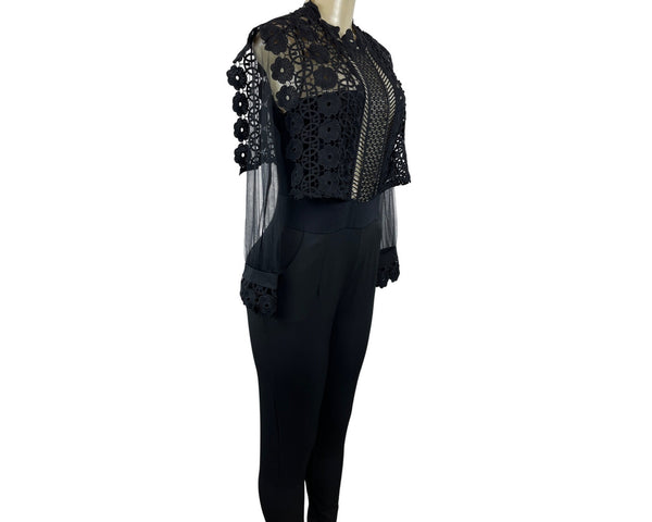 Womens Black Lace Zip Up Long Sleeve Jumpsuit Floral Mesh Top Design Sz M