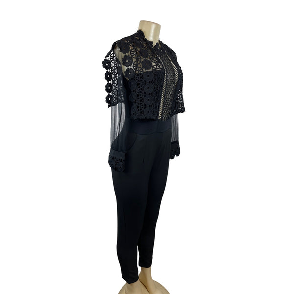 Womens Black Lace Zip Up Long Sleeve Jumpsuit Floral Mesh Top Design Sz M