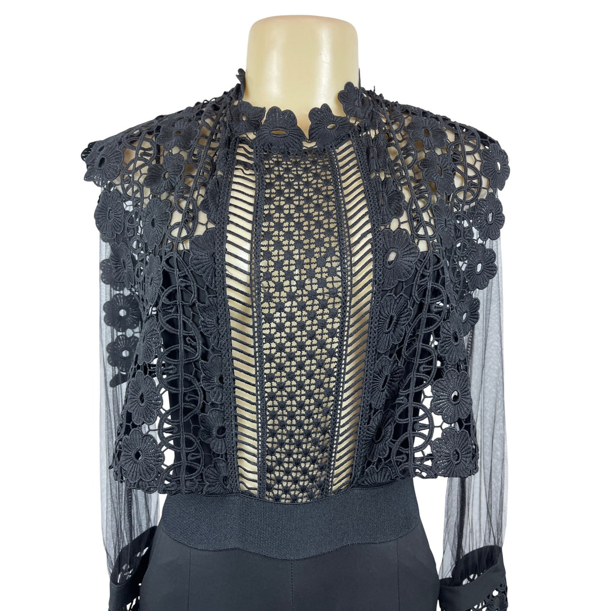 Womens Black Lace Zip Up Long Sleeve Jumpsuit Floral Mesh Top Design Sz M