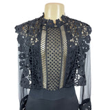 Womens Black Lace Zip Up Long Sleeve Jumpsuit Floral Mesh Top Design Sz M