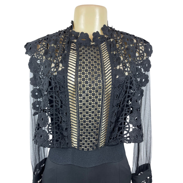Womens Black Lace Zip Up Long Sleeve Jumpsuit Floral Mesh Top Design Sz M