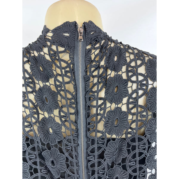 Womens Black Lace Zip Up Long Sleeve Jumpsuit Floral Mesh Top Design Sz M