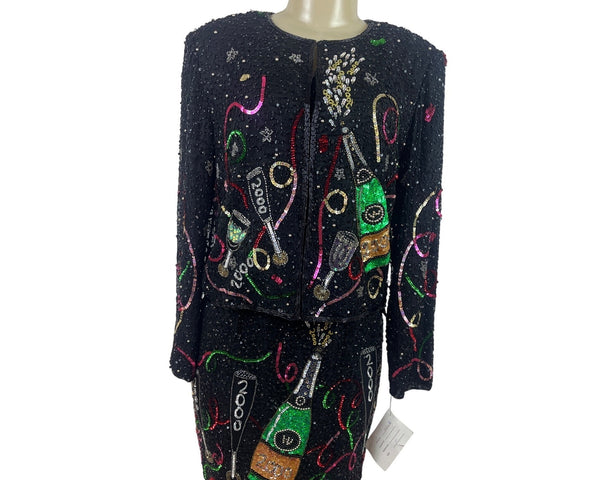 Laurence Kazar Black Sequin New Years Eve 2000 Jacket & Dress Set Size M - New
