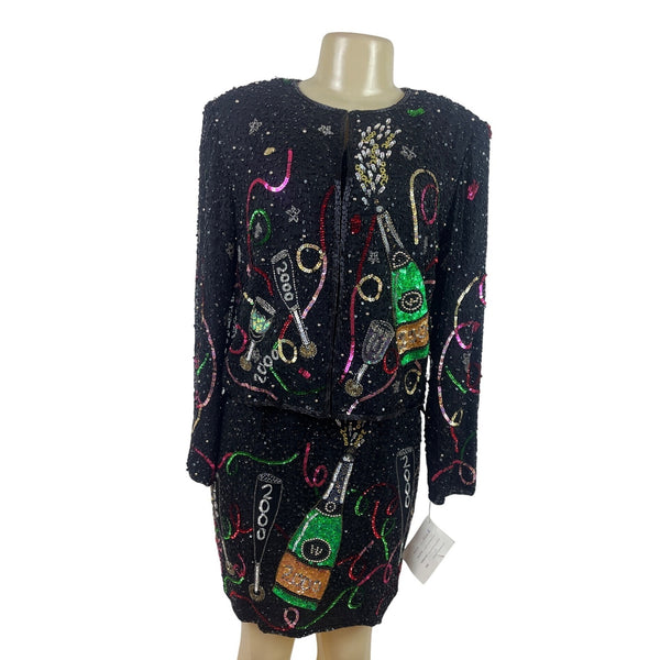 Laurence Kazar Black Sequin New Years Eve 2000 Jacket & Dress Set Size M - New