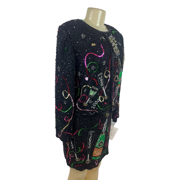 Laurence Kazar Black Sequin New Years Eve 2000 Jacket & Dress Set Size M - New