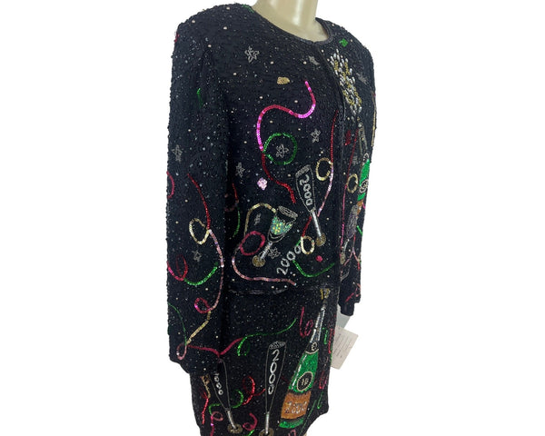 Laurence Kazar Black Sequin New Years Eve 2000 Jacket & Dress Set Size M - New