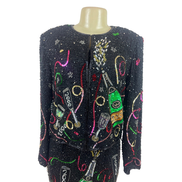 Laurence Kazar Black Sequin New Years Eve 2000 Jacket & Dress Set Size M - New