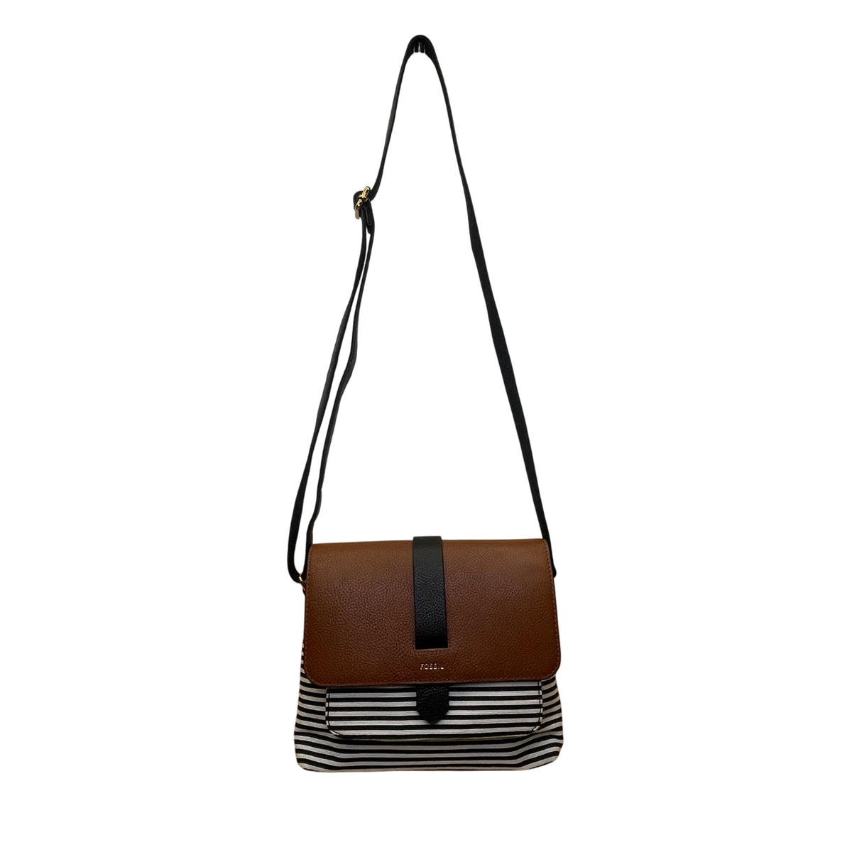 Fossil Women’s Brown Leather Black & White Striped Canvas Crossbody Bag