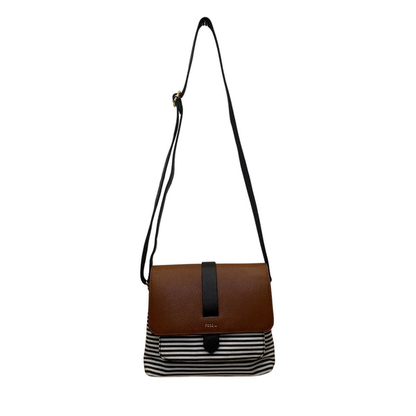 Fossil Women’s Brown Leather Black & White Striped Canvas Crossbody Bag