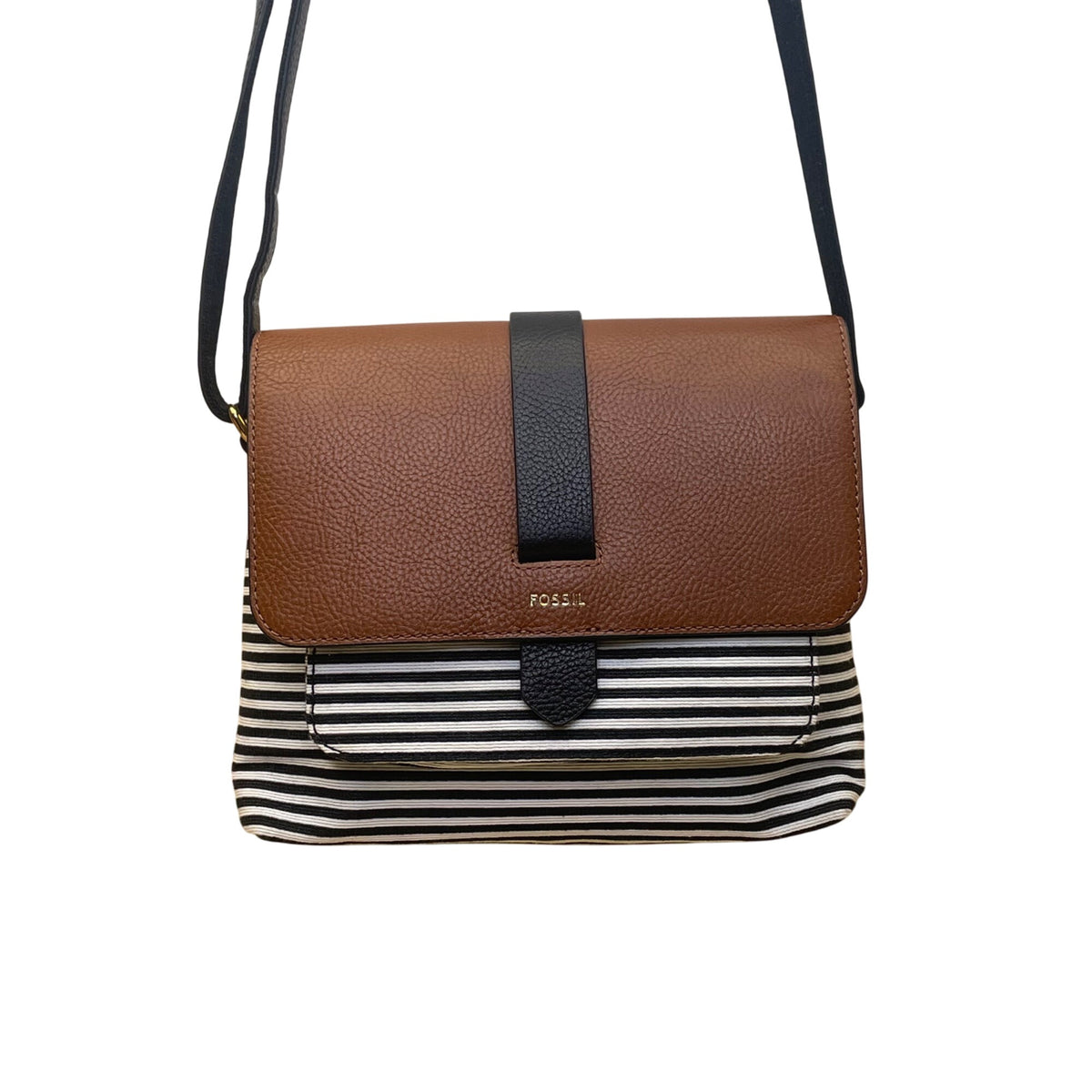 Fossil Women’s Brown Leather Black & White Striped Canvas Crossbody Bag